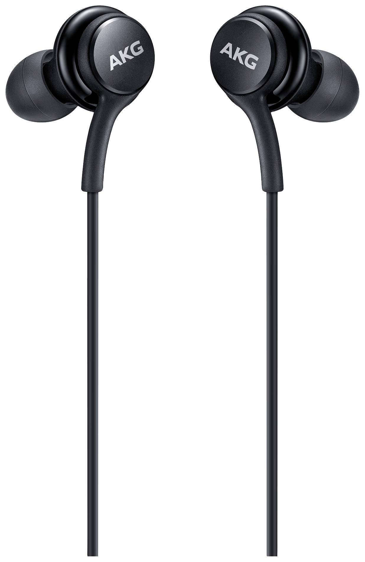 Schwarze In-Ear-Kopfhörer der Marke AKG mit Kabel, schlichtes Design. Geeignet für Musikgenuss unterwegs.