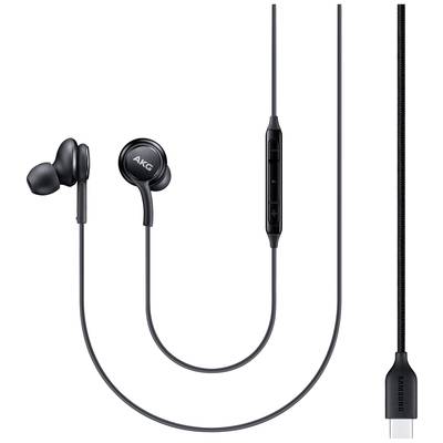 Schwarze In-Ear-Kopfhörer von AKG mit integriertem Mikrofon und Lautstärkeregler. Kabel endet in einem USB-C Anschluss.