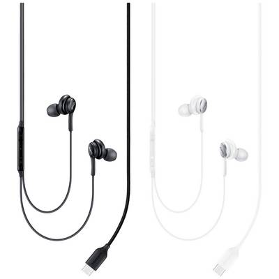 Schwarze und weiße In-Ear-Kopfhörer mit Kabeln und Bedienelementen. USB-C Anschluss. Sowohl Design als auch Funktion sind gezeigt.