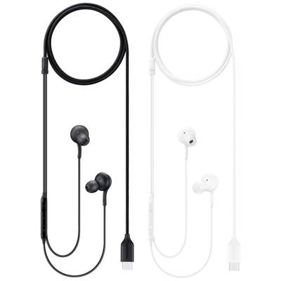 'Zwei Paar kabelgebundene In-Ear-Kopfhörer, eines schwarz und eines weiß, mit USB-C-Anschlüssen.'