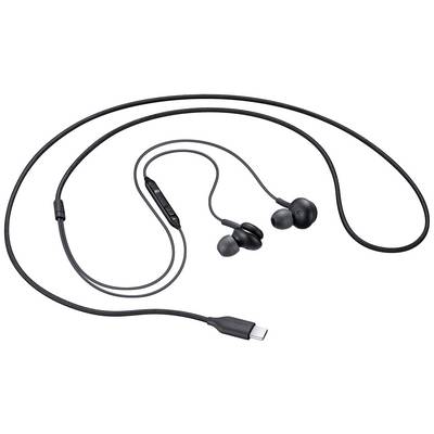 Ein Paar schwarze In-Ear-Kopfhörer mit USB-C-Anschluss und integrierter Fernbedienung.