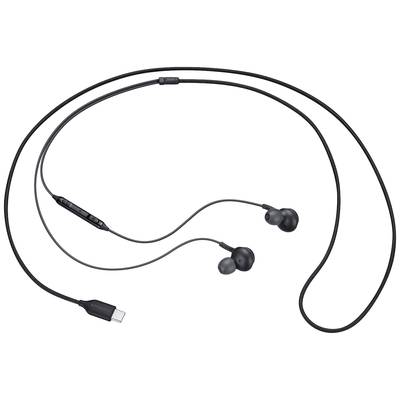 Ein Paar schwarze kabelgebundene In-Ear-Kopfhörer mit USB-C-Anschluss und integrierten Bedientasten am Kabel.