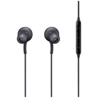 Schwarze In-Ear-Kopfhörer mit Kabel und integrierter Lautstärkeregelung.