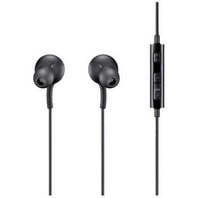 Schwarze In-Ear-Kopfhörer mit Kabel, das eine Fernbedienung mit Lautstärkeregler und Mikrofon enthält.