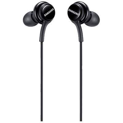 Schwarze kabelgebundene In-Ear-Kopfhörer mit Samsung-Logo auf den Ohrstücken, vertikal nebeneinander platziert.