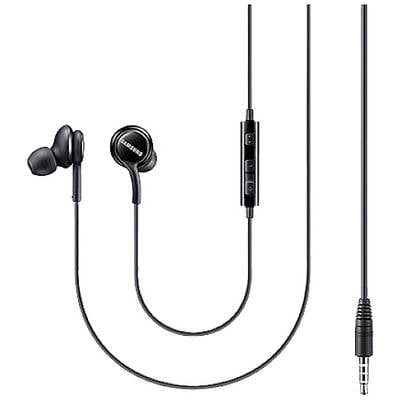 Schwarze In-Ear-Kopfhörer mit Kabel und eingebauter Fernbedienung für Lautstärke und Anrufsteuerung, 3,5-mm-Stecker.