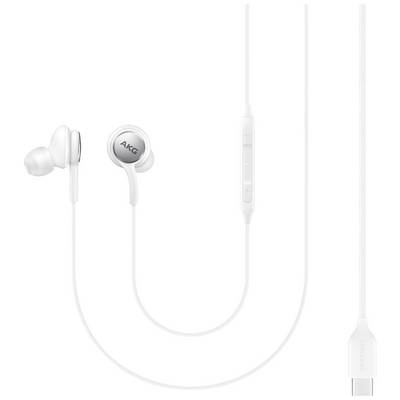 Weiße In-Ear-Kopfhörer mit AKG-Logo und integriertem Steuerungsteil am Kabel.