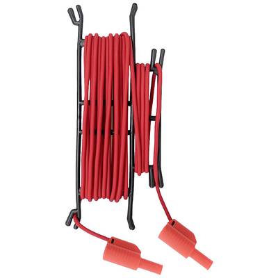 Ein aufgerolltes, rotes Kabel mit schwarzen Plastikhalterungen an den Enden, das für elektrische Verbindungen verwendet wird.