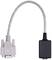 Ein graues VGA-Kabel mit weißem Stecker links und einem schwarzen Adapter rechts zur Verbindung von Computergeräten.