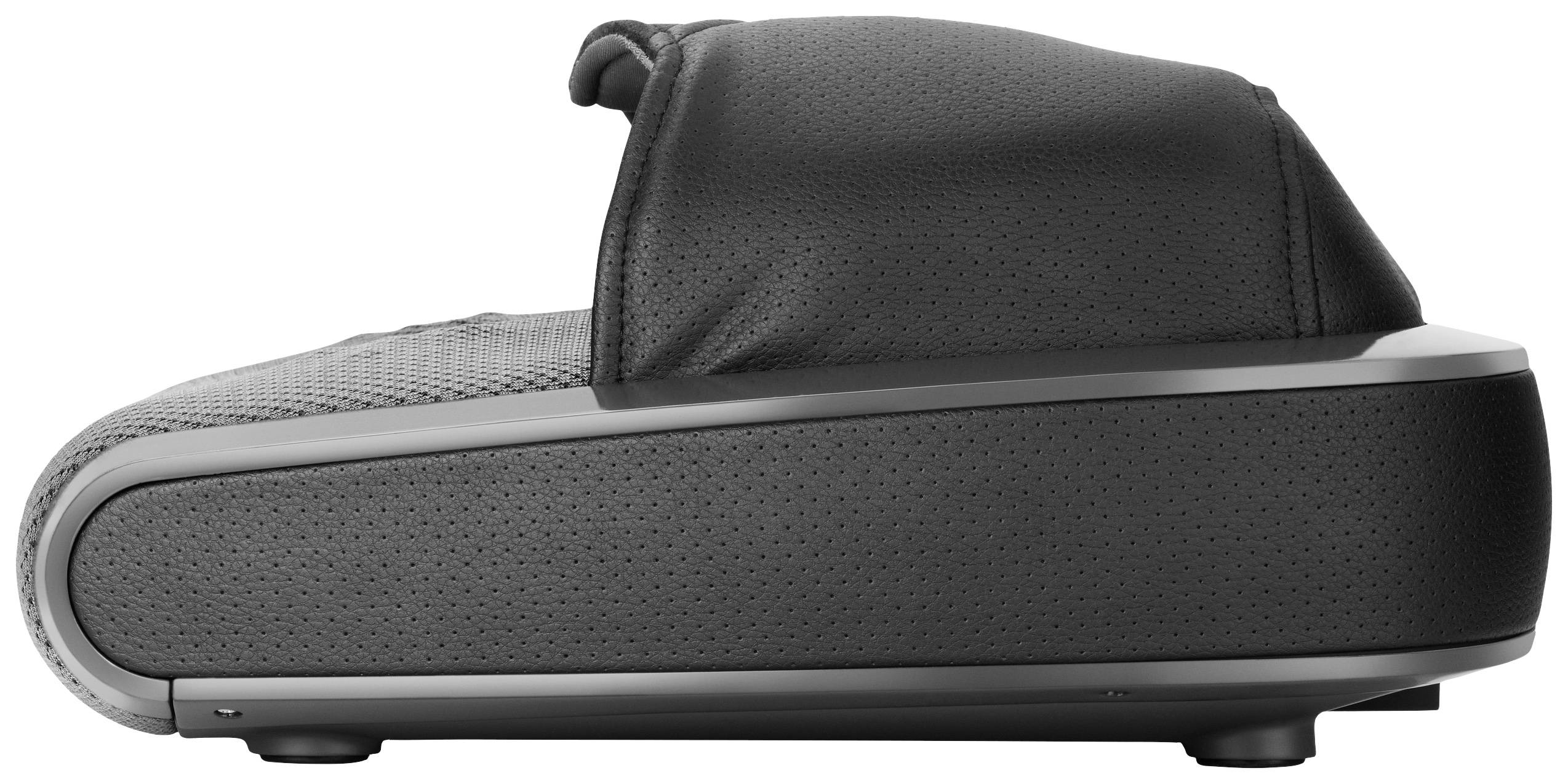 Massagergerät in seitlicher Ansicht, schwarzes und graues Design, glatte Oberfläche. Geeignet für Anwendungen an Füßen oder Beinen.