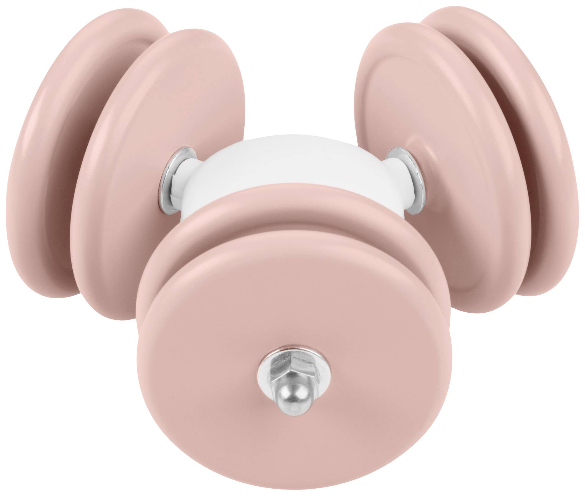 Rosa und weiße doppelrädrige Möbelrolle aus Kunststoff, geeignet für sanfte Bewegungen auf glatten Böden.