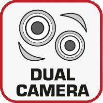 Das Bild zeigt das Symbol 'Dual Camera' mit zwei Kameralinsen und Pfeilen, die auf die Funktion von zwei Kameras hinweisen.