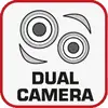 Das Bild zeigt das Symbol 'Dual Camera' mit zwei Kameralinsen und Pfeilen, die auf die Funktion von zwei Kameras hinweisen.