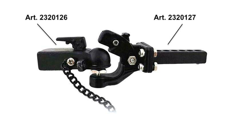 Zwei Anhängerkupplungen, schwarze Farbe. Links 'Art. 2320126', rechts 'Art. 2320127'. Verbunden durch Kette.