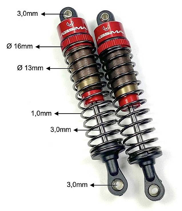 Zwei rote Stoßdämpfer mit Beschriftungen: '3,0mm', 'Ø 16mm', 'Ø 13mm', '1,0mm'. Zeigen Größenangaben an Federn und Teilen.