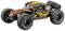 Ein ferngesteuertes Auto im Offroad-Design mit großen, grobstolligen Reifen und einer auffälligen, orange-schwarzen Karosserie.