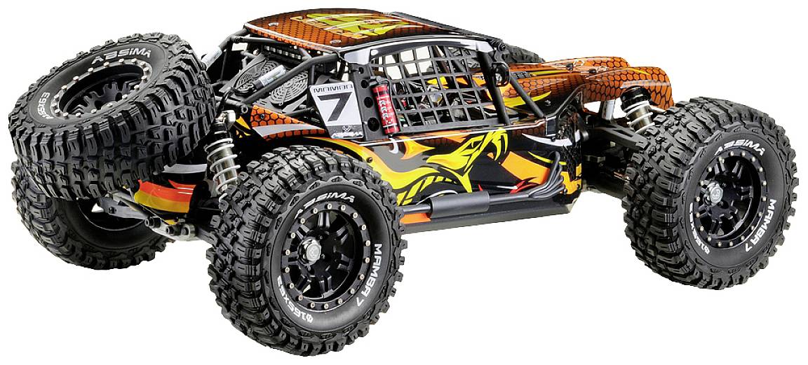 Ein geländegängiges ferngesteuertes Auto mit großen Reifen und robustem Design, geeignet für Offroad-Abenteuer.