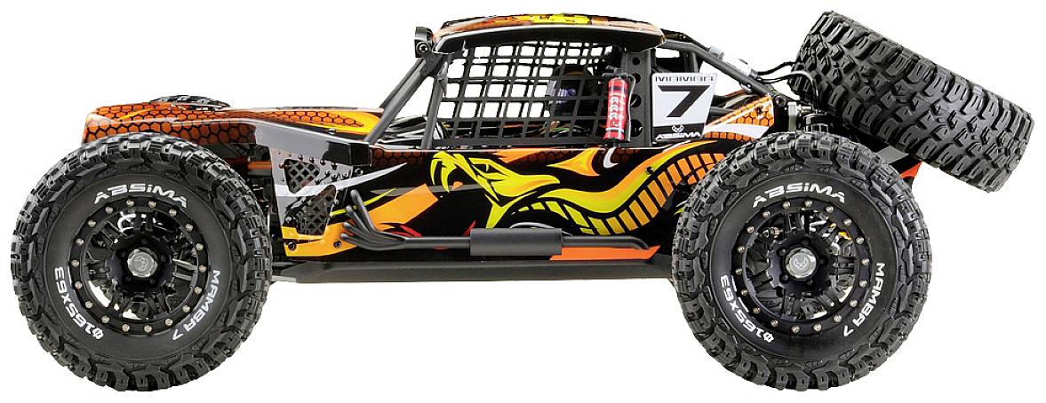 'Spielzeug-Buggy im Seitenprofil, orangefarbenes Design mit Schlangenmotiv, schwarze Reifen, Ersatzrad hinten.'