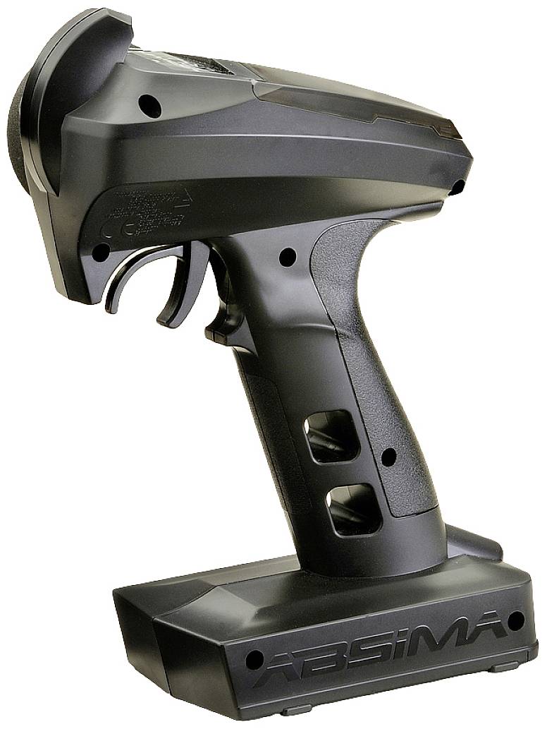 Schwarze Fernsteuerung für RC-Modelle mit ergonomischem Griff und Abzug. Sie hat den Markennamen 'Absima' an der Unterseite.