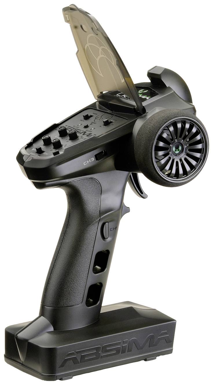 Eine schwarze Funkfernsteuerung mit Pistolengriff, Steuerknöpfen oben und einer Antenne. Geeignet für Modellfahrzeuge.