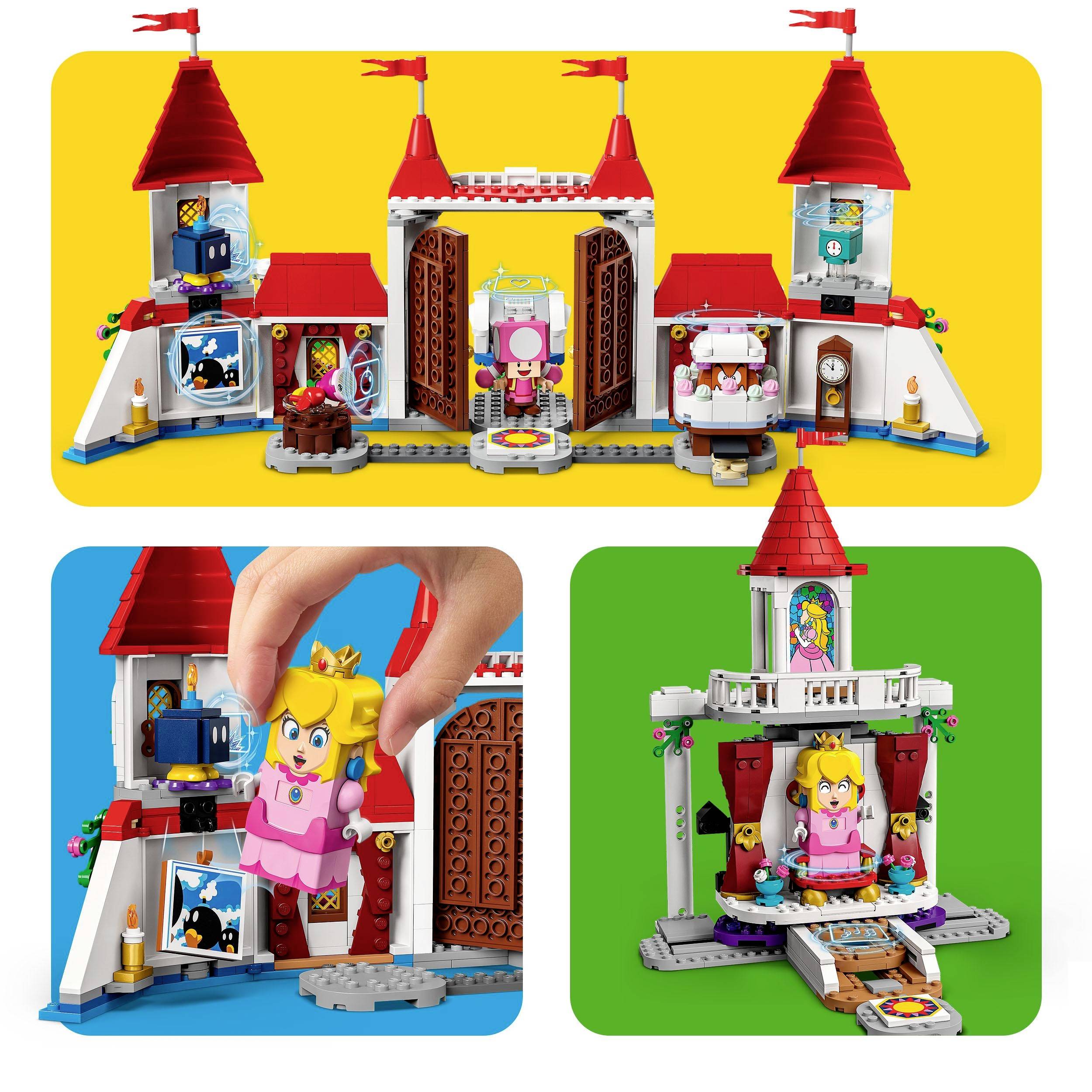 Bunte LEGO-Burg mit Türmen und Spielfiguren aus einer beliebten Videospielfranchise. Figuren zeigen Abenteuer in und um das Schloss.