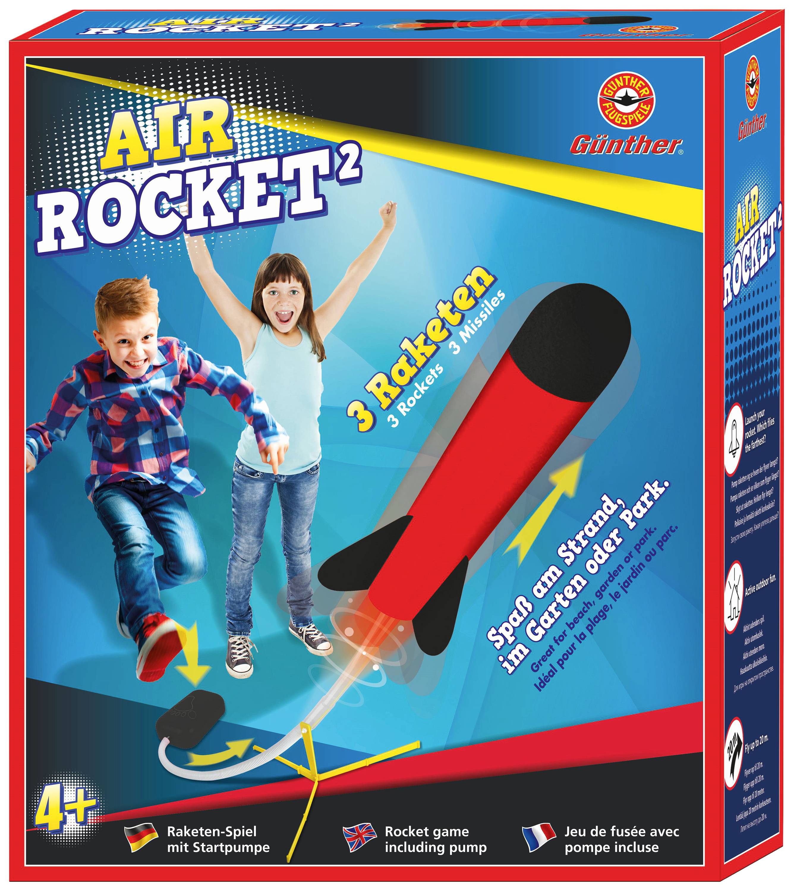 Verpackung des Spiels 'Air Rocket 2' für Kinder ab 4 Jahren. Enthält drei rot-schwarze Raketen und eine Startpumpe. Verspricht Spaß im Freien.