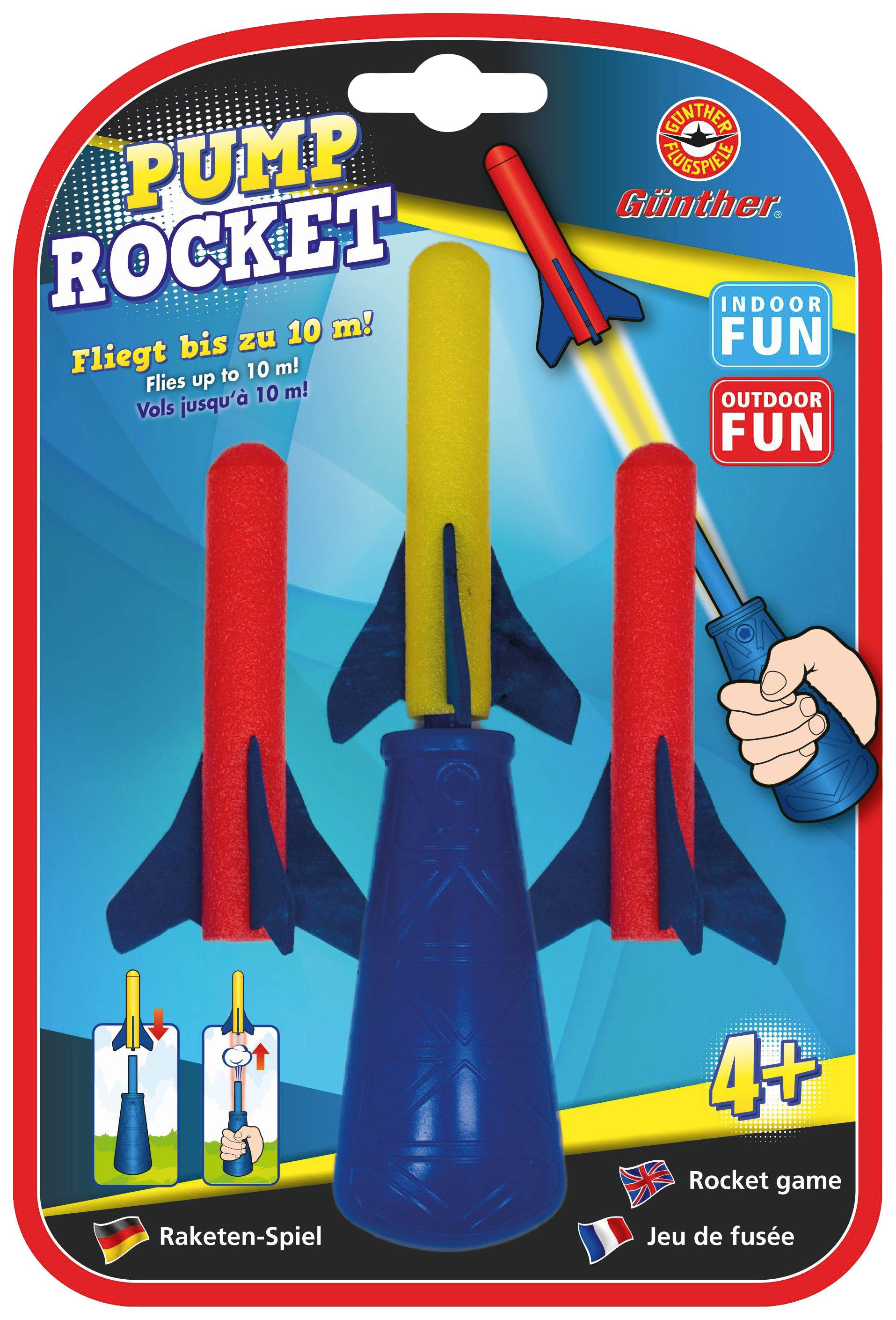 Pump-Rakete Spielset für Kinder ab 4 Jahren, beinhaltet eine blaue Abschussbasis und drei Schaumstoffraketen. Fliegt bis 10 Meter.