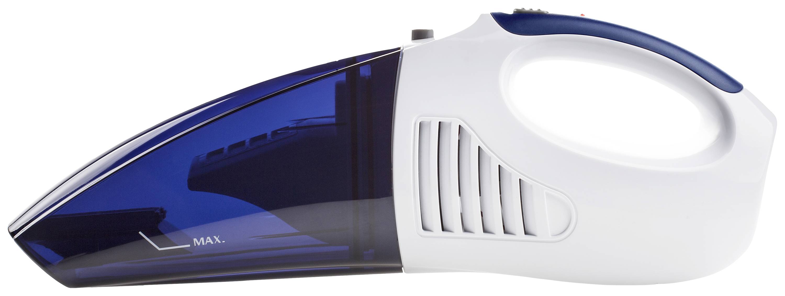 Ein blauer und weißer kabelloser Handstaubsauger mit ergonomischem Griff, maximaler Füllstandsanzeige und Lüftungsschlitzen.
