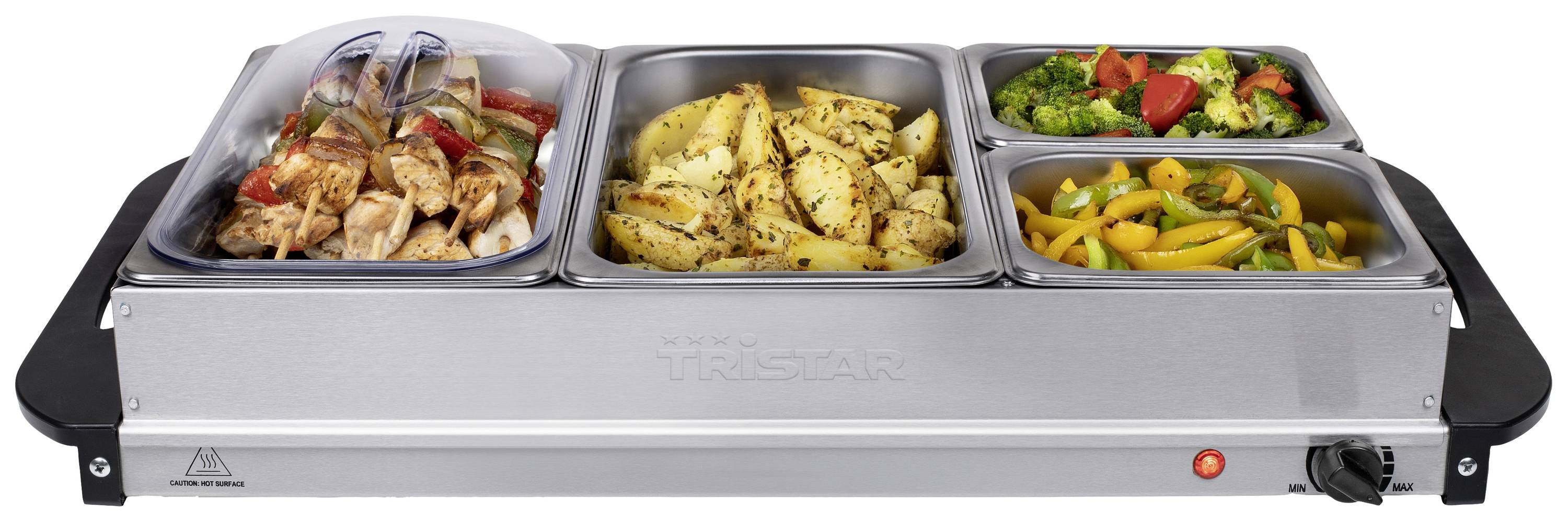 Buffetwärmer mit vier Edelstahl-Behältern für verschiedene Speisen: gegrilltes Fleisch, Kartoffeln, Gemüse, mit Temperaturregler.