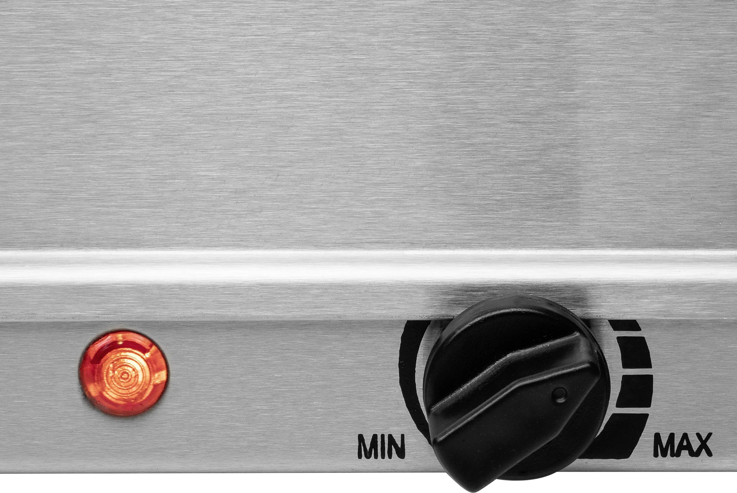 Drehknopf aus Metall mit Skala von 'Min' bis 'Max' und roter Kontrollleuchte, die anzeigt, ob das Gerät eingeschaltet ist.