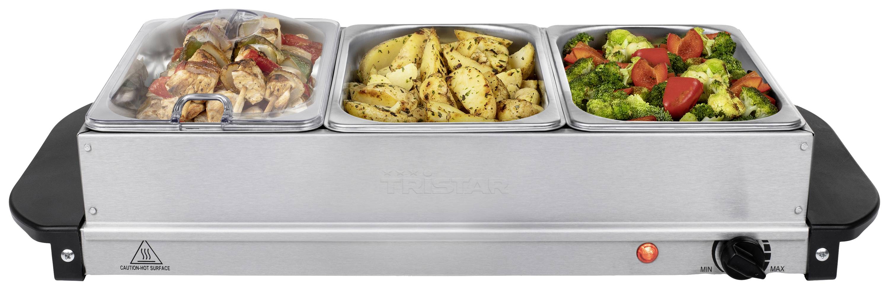 Ein dreiteiliges Buffetwärmer-Set mit Hühnchen, Kartoffeln und Brokkoli in Edelstahlbehältern, eingeschaltet mit rotem Licht.