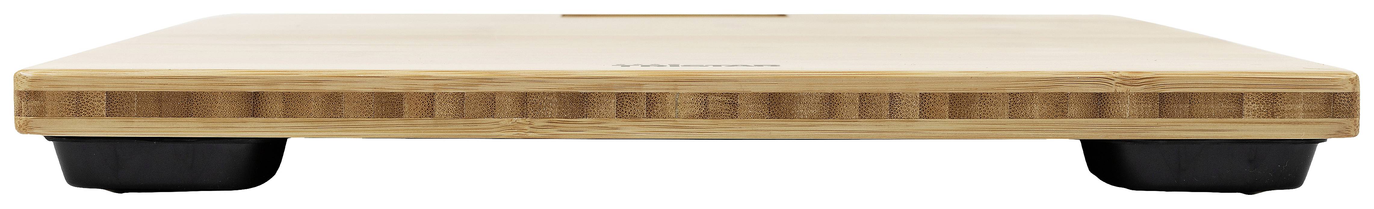 Digitale Holz-Waage mit rechteckigem Design und schwarzen Standfüßen.