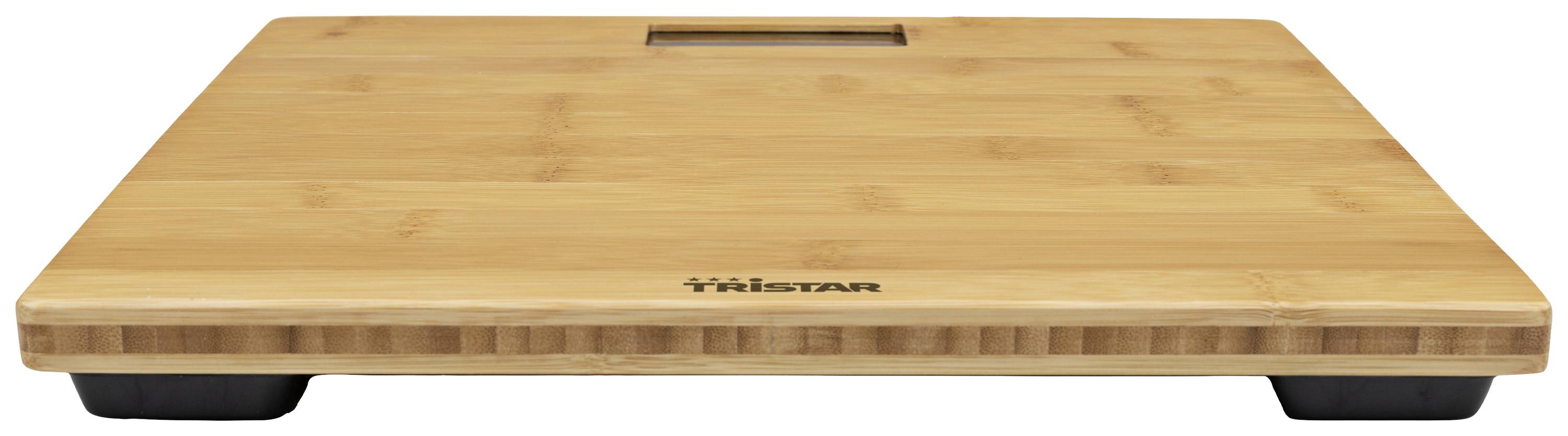 Digitale Waage aus Holz auf flacher Oberfläche, Produktname 'Tristar' sichtbar in der Mitte. Geeignet zum Messen von Gewicht.