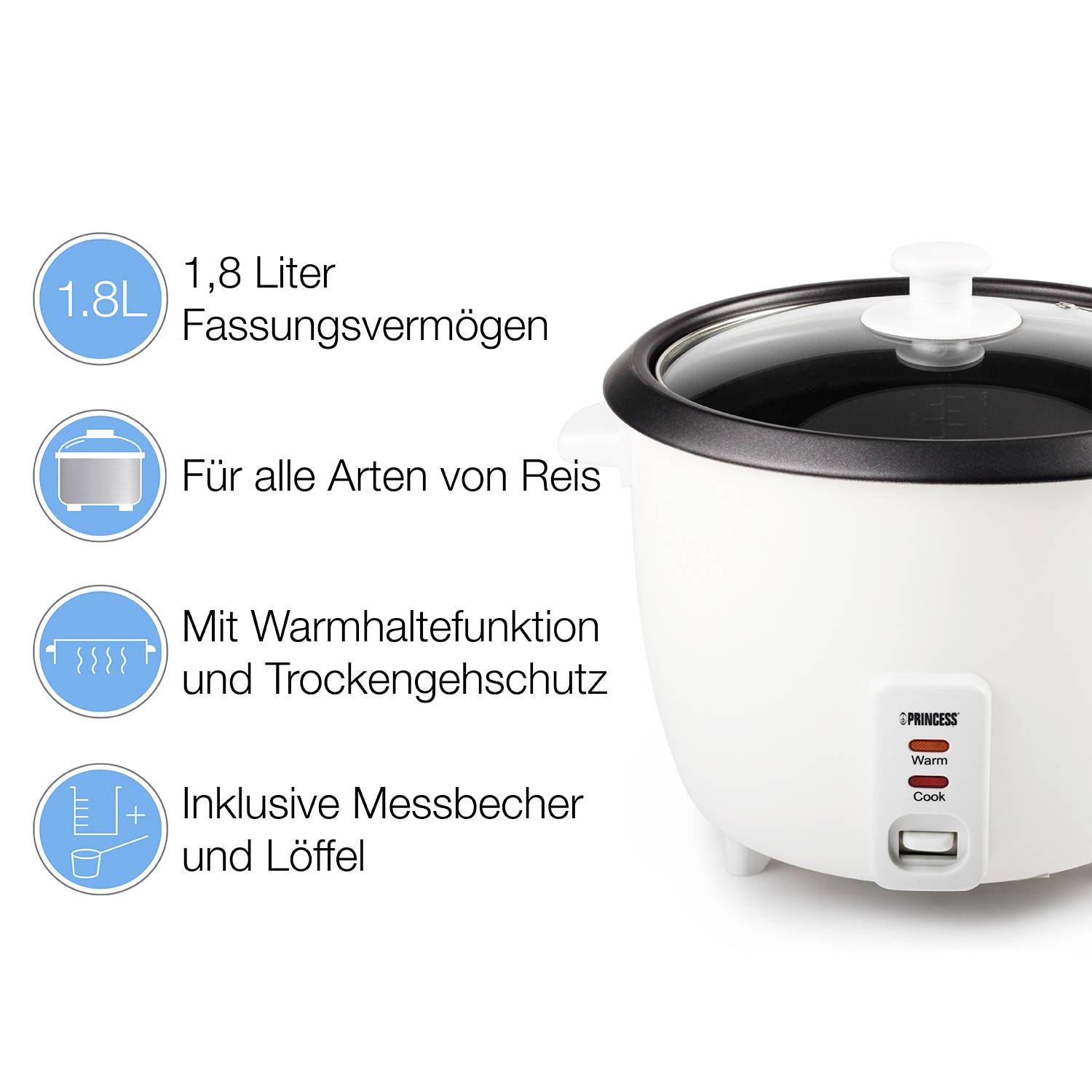 Ein weißer Reiskocher mit der Aufschrift 'WARM' und 'COOK', 1,8 Liter Fassungsvermögen, geeignet für alle Reissorten, mit Warmhaltefunktion. Inklusive Messbecher und Löffel.