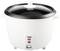 Ein weißer Reiskocher mit schwarzem Deckel und drei Funktionstasten: 'Warm', 'Cook' und 'Off'.