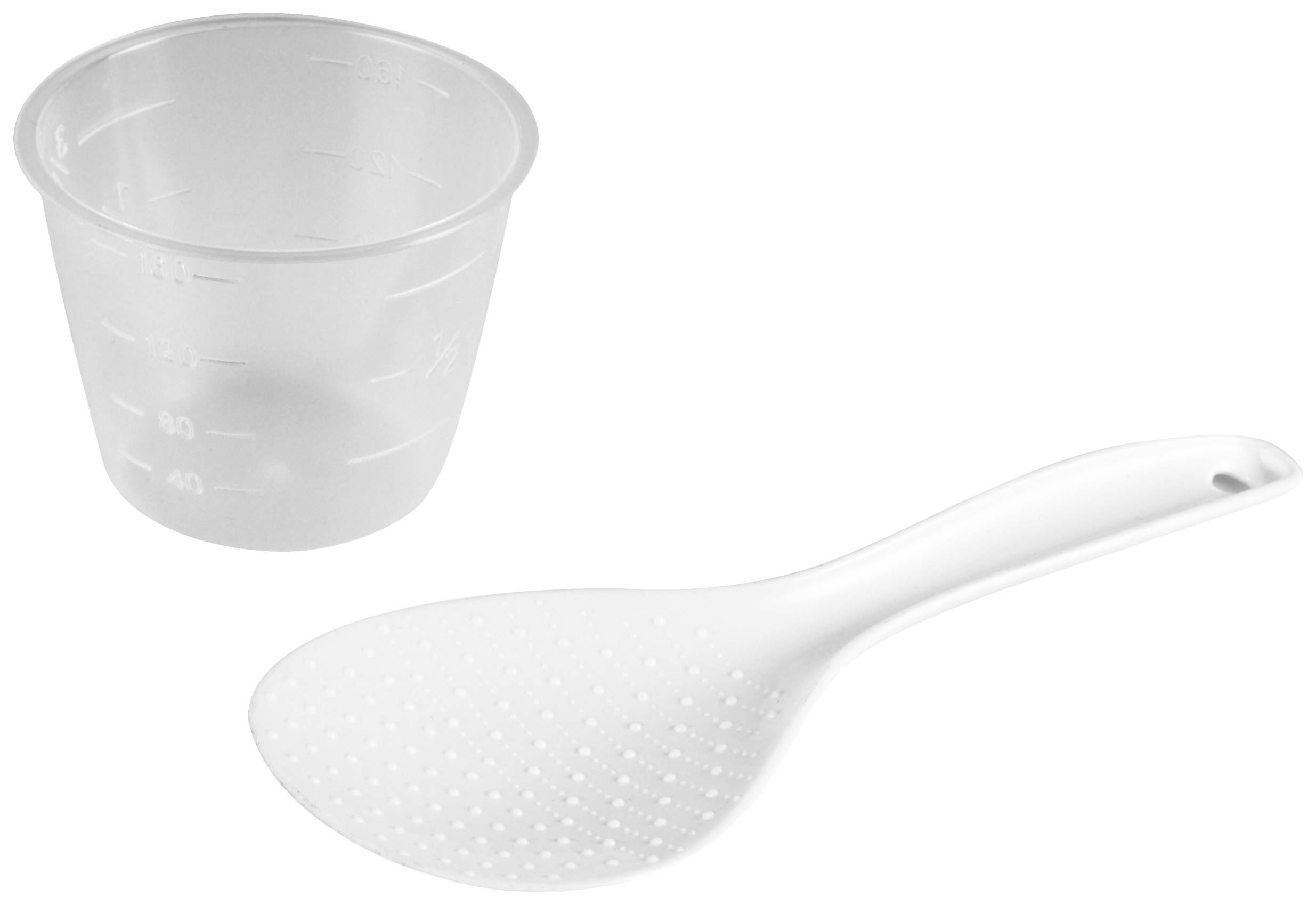Ein weißer Messbecher mit Skala neben einem weißen, flachen Löffel. Beide sind Küchenutensilien.
