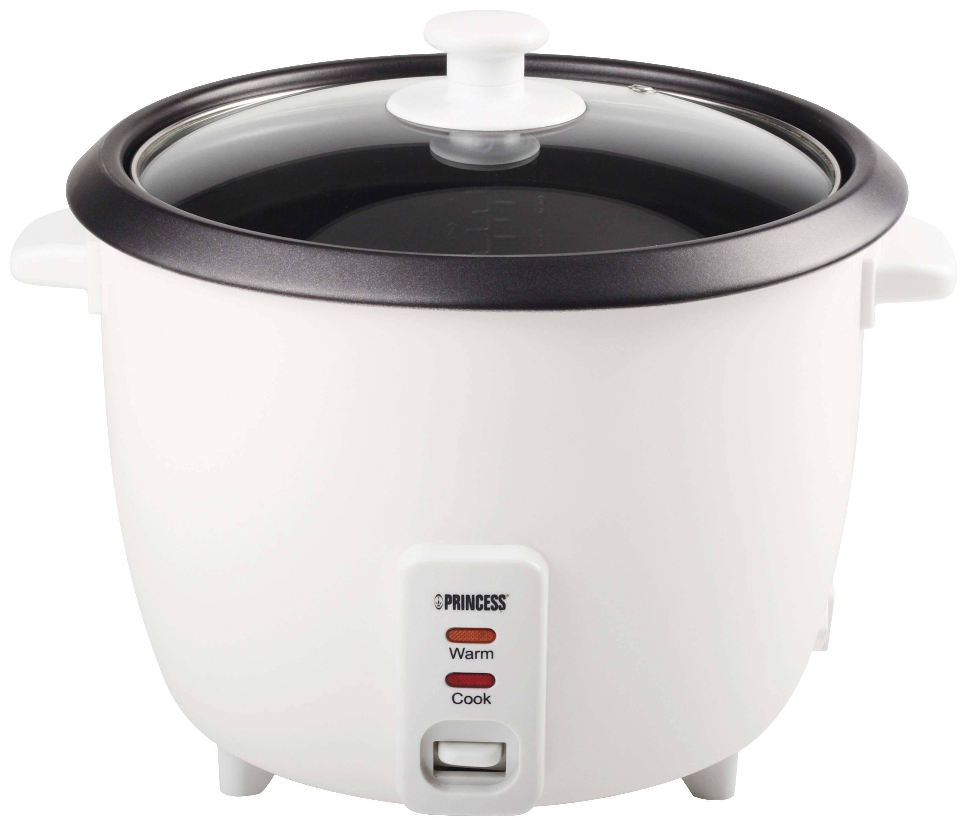 Ein weißer Reiskocher mit abnehmbarem Glasdeckel. Drei Knöpfe an der Vorderseite sind mit 'Warm' und 'Cook' beschriftet.