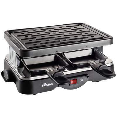 Ein elektrischer Raclette-Grill mit antihaftbeschichteter Grillplatte und zwei Pfännchen, passend für ein geselliges Essen.