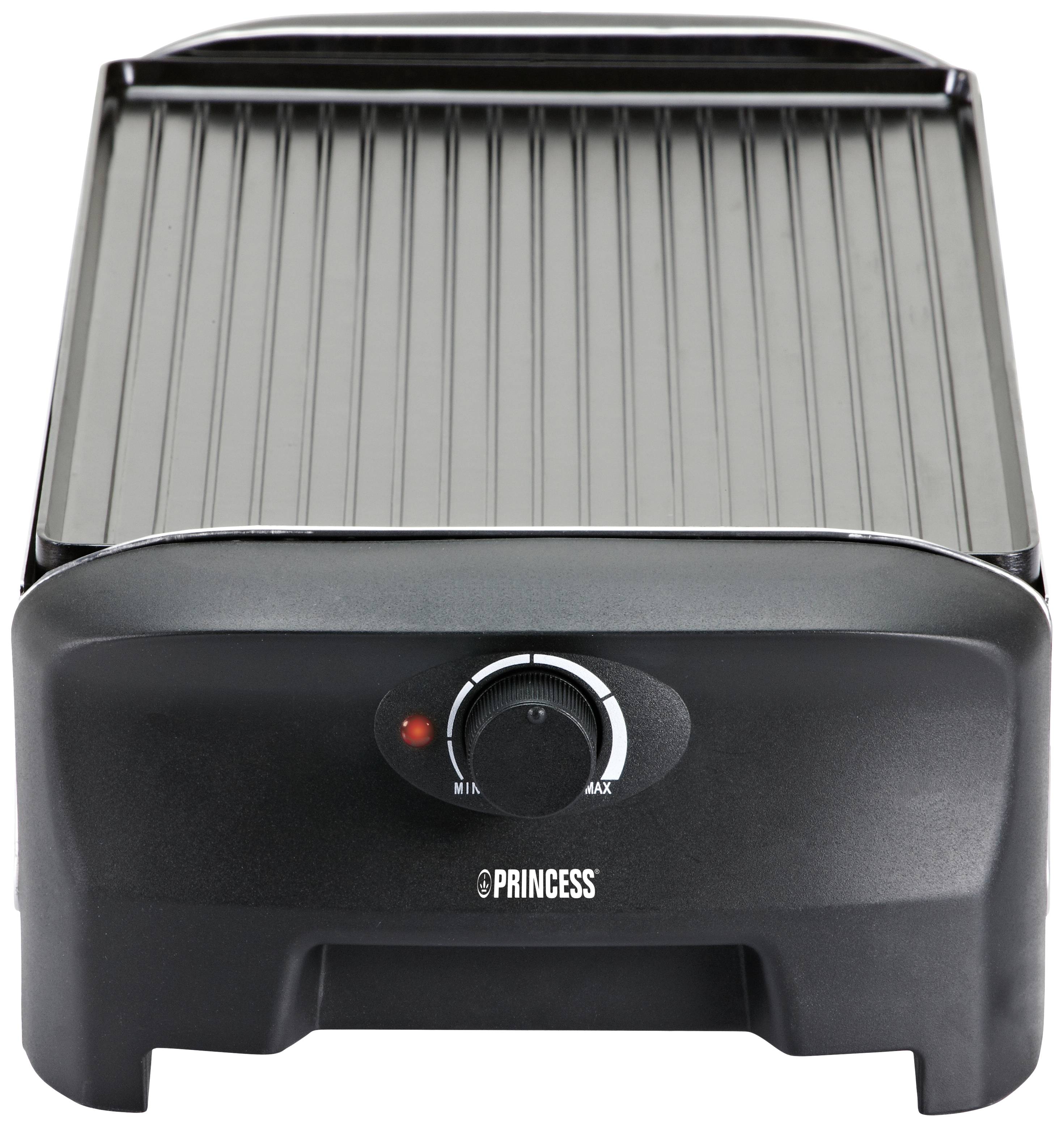 Ein elektrischer Tischgrill mit gerippter Oberfläche und Temperaturregler.