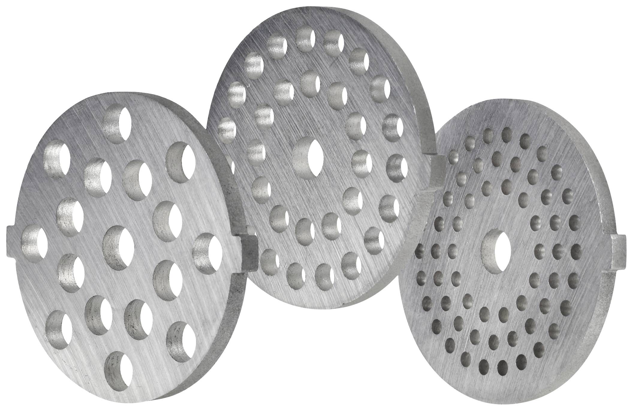 Drei silberne Lochscheiben mit unterschiedlichen Lochgrößen für einen Fleischwolf.