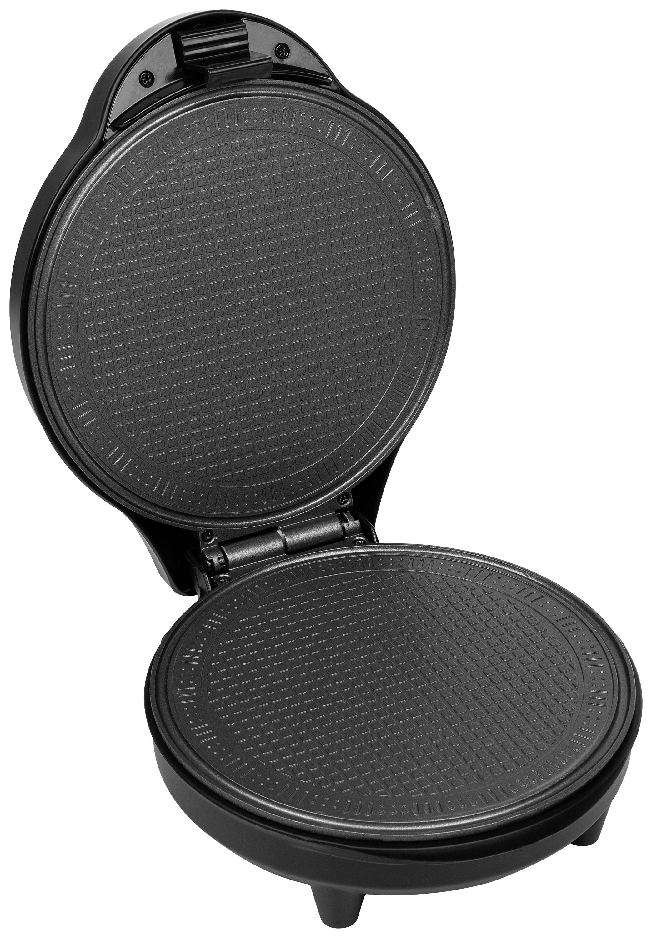 Ein geöffneter, runder Waffeleisen in Schwarz, zeigt die innenliegenden Backplatten mit einem charakteristischen Waffelmuster.