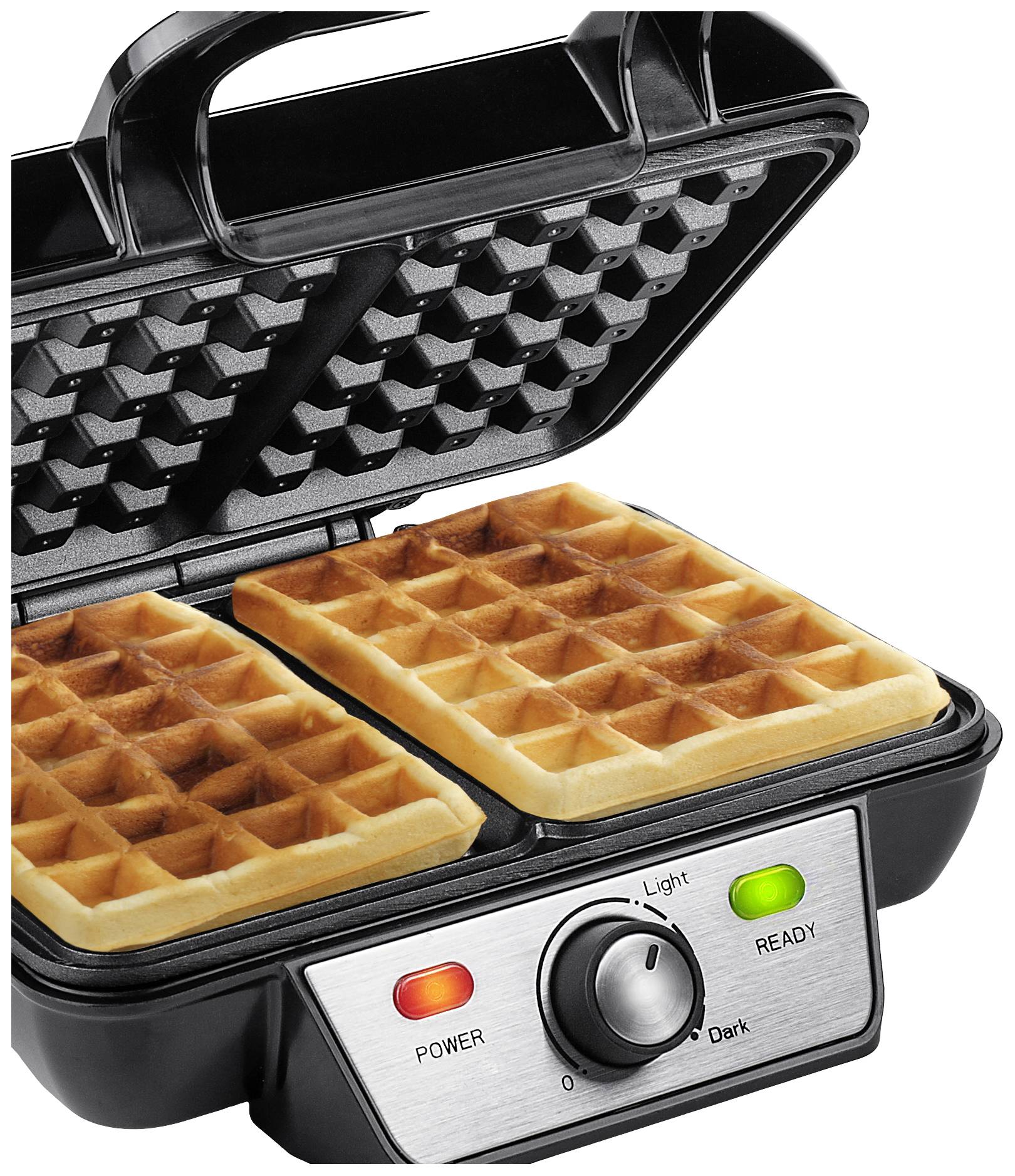 Ein Waffeleisen mit zwei fertigen, goldbraunen Waffeln. Das Gerät zeigt eine rote 'Power'- und eine grüne 'Ready'-Leuchte.