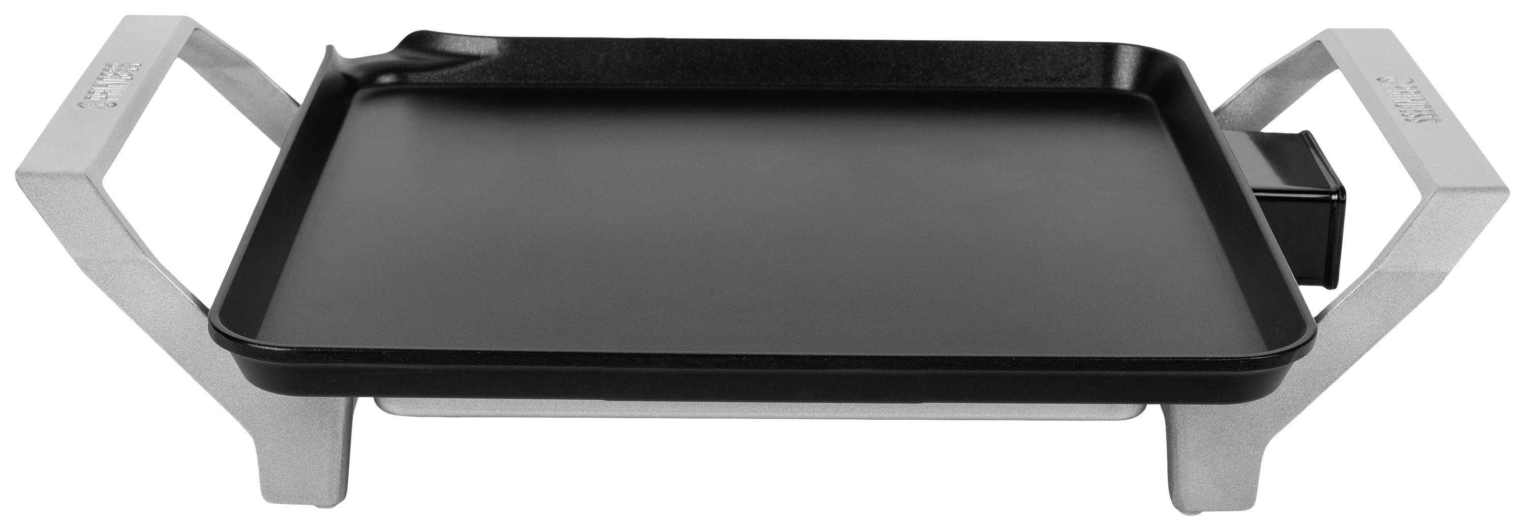 Ein rechteckiger Tischgrill mit schwarzen Grillplatte und zwei silbernen Griffen aus Metall, geeignet für Indoor-Grillen.