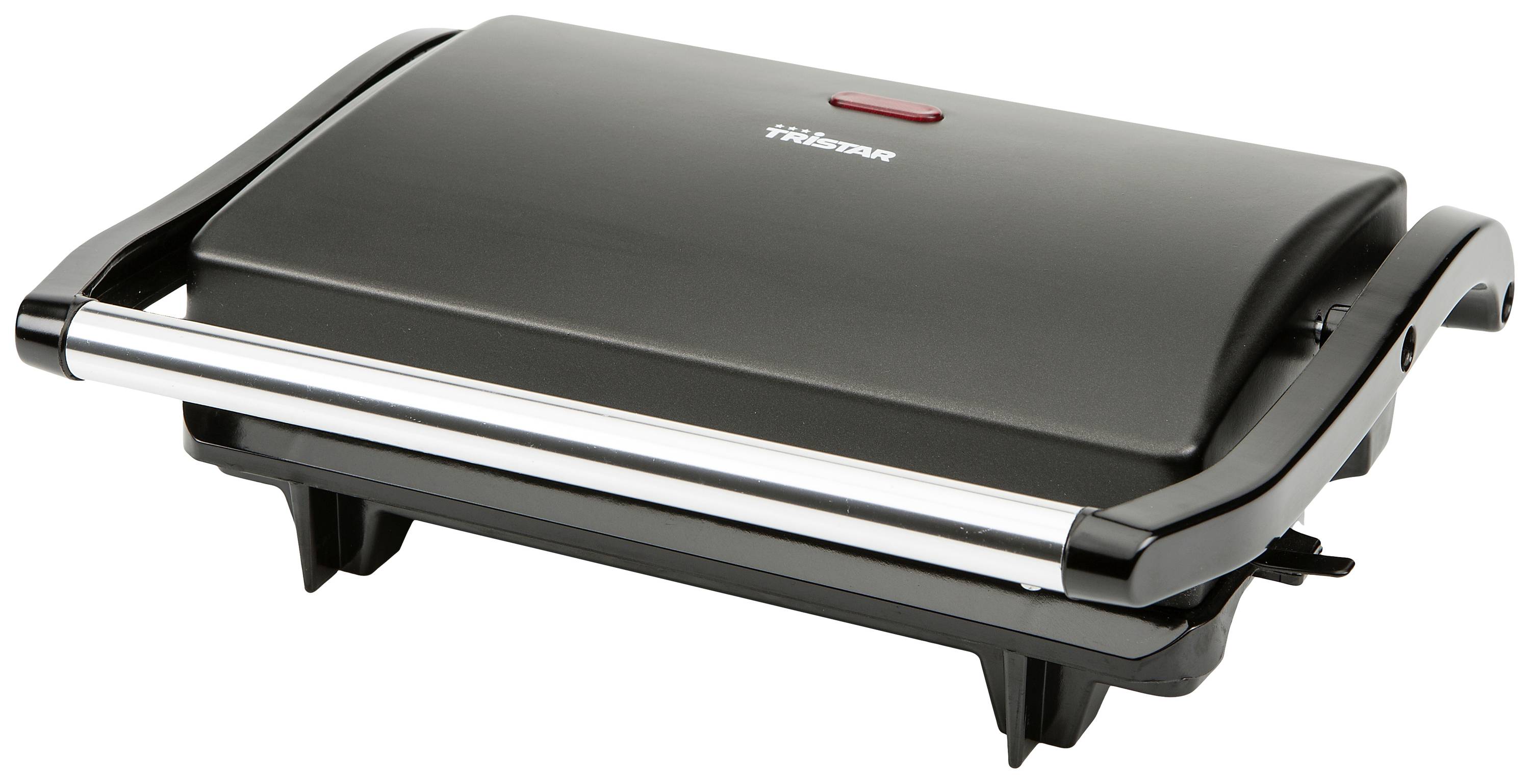 Schwarzer Tischgrill mit Edelstahlgriffen und rotem Kontrolllicht auf dem Deckel, geeignet für Sandwiches oder Fleischgerichte.