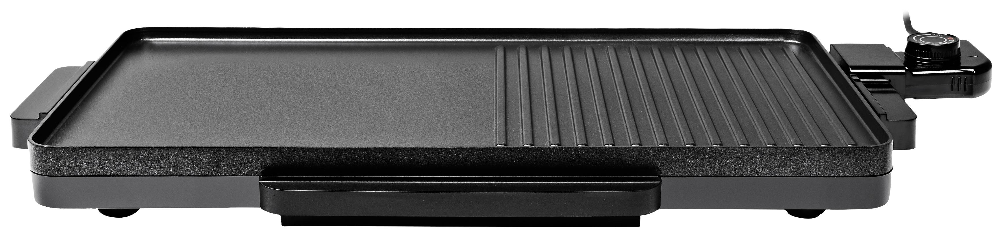 Eine rechteckige elektrische Grillplatte mit glatter und gerippter Oberfläche, geeignet zum Braten und Grillen verschiedener Speisen.