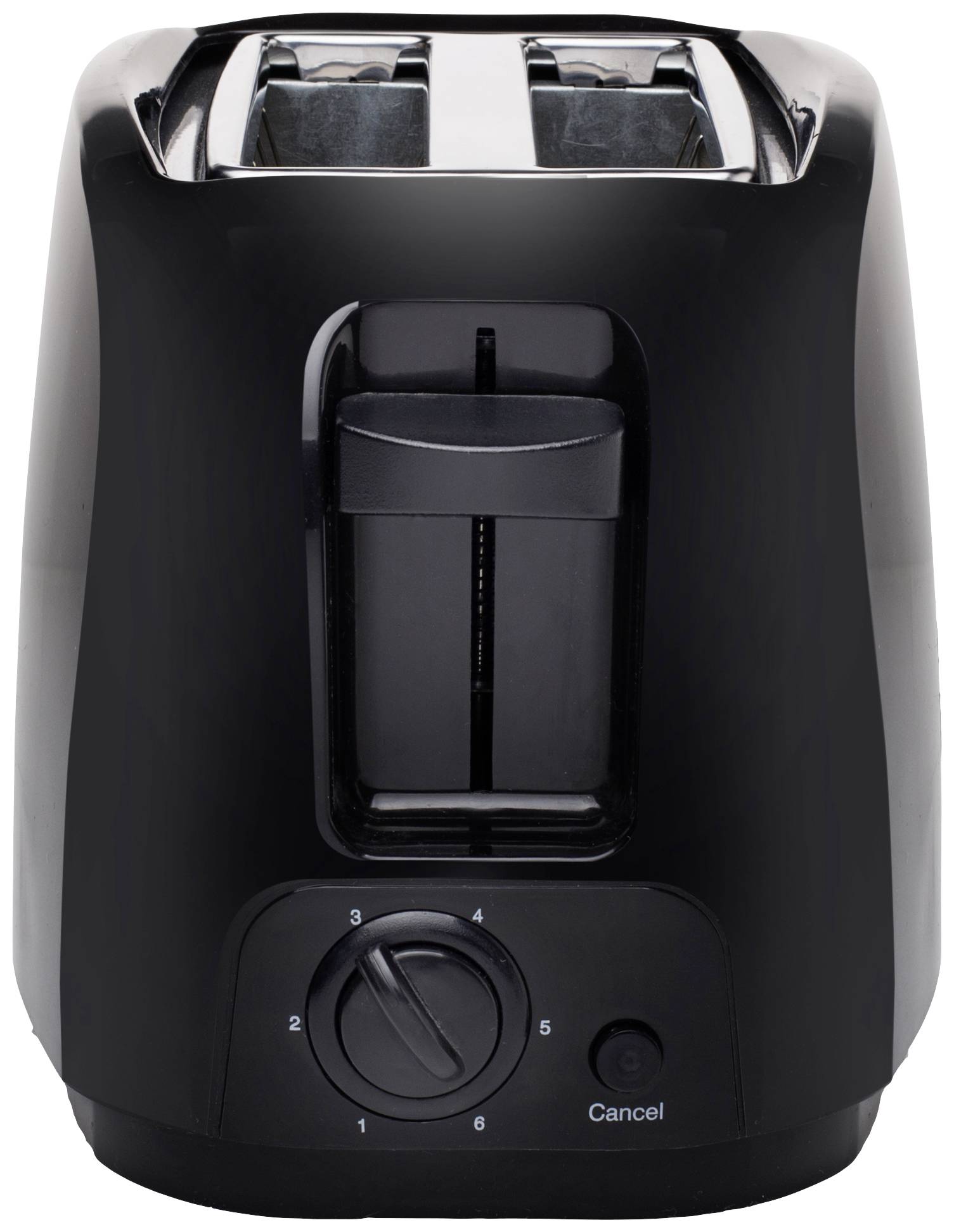 Schwarzer Toaster mit zwei Schlitzen, Regler für sechs Bräunungsstufen und 'Abbrechen'-Taste an der Vorderseite.