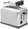 Silberner Toaster mit zwei Schlitzen und einem Aufsatz zum Aufwärmen von Brötchen. An der Seite befinden sich Knöpfe zur Einstellung.