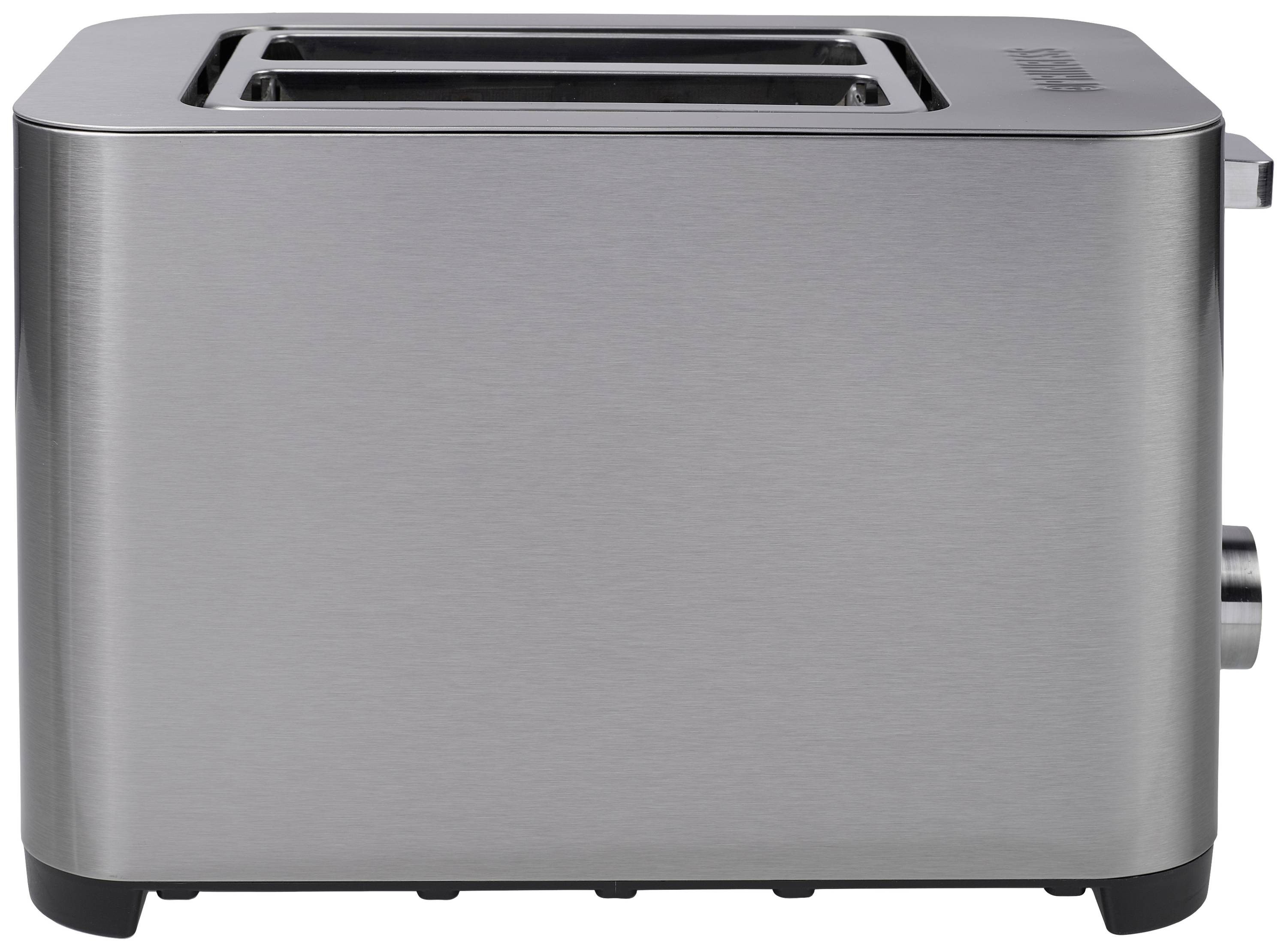 Ein silberner Toaster mit zwei Schlitzen. Das Design ist modern und minimalistisch.