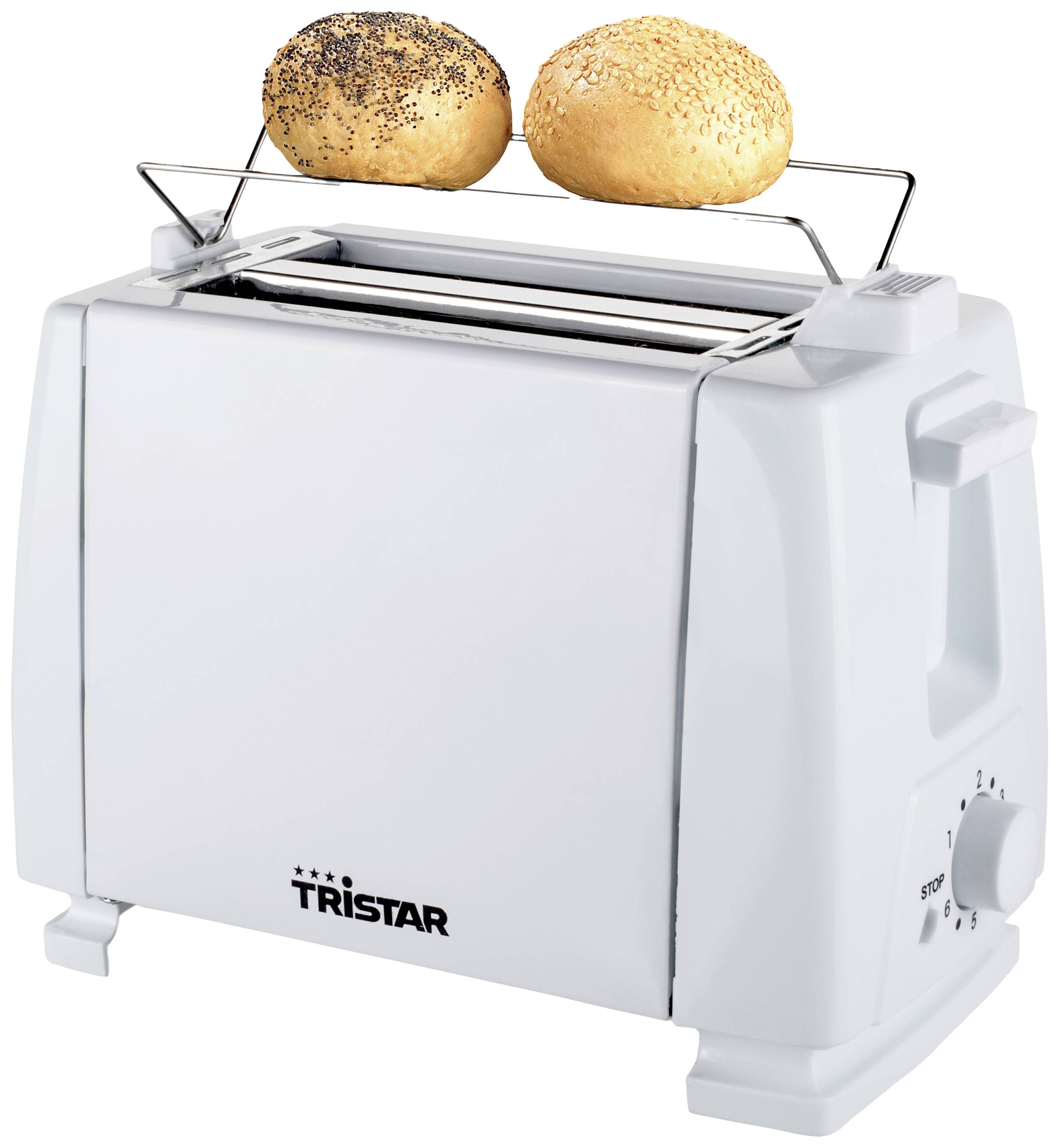 Ein weißer Toaster erhitzt zwei Brötchen auf einem Brötchenaufsatz. Links ist ein Einstellrad für den Bräunungsgrad sichtbar.