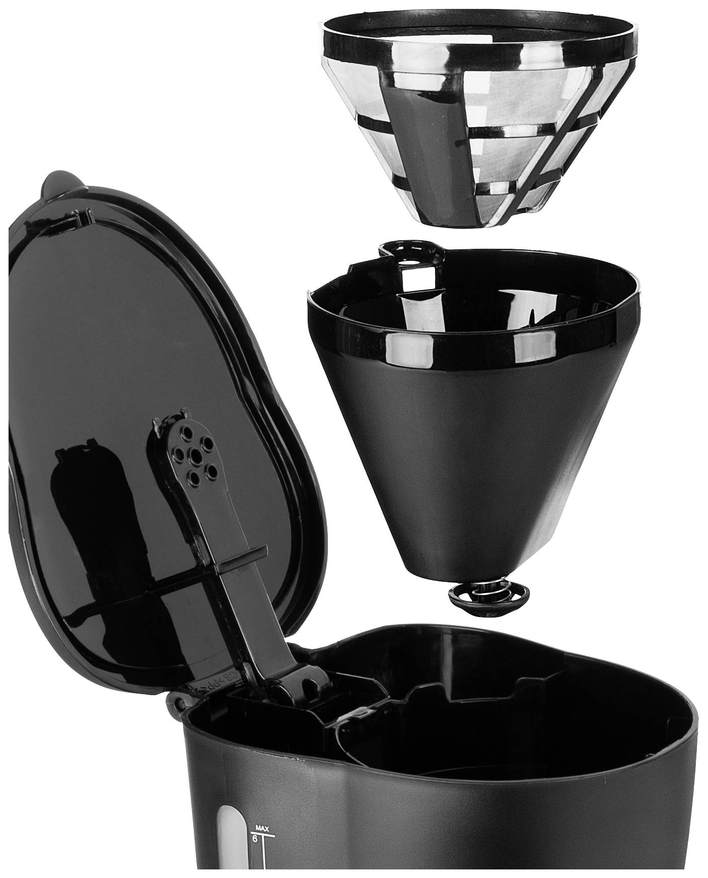 Kaffeemaschine mit abgenommenem Deckel, herausnehmbarem Filterbehälter und metallischem Filtereinsatz, alles in schwarz.